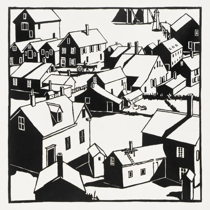 The Town (1917) woodcut art by Mildred McMillen